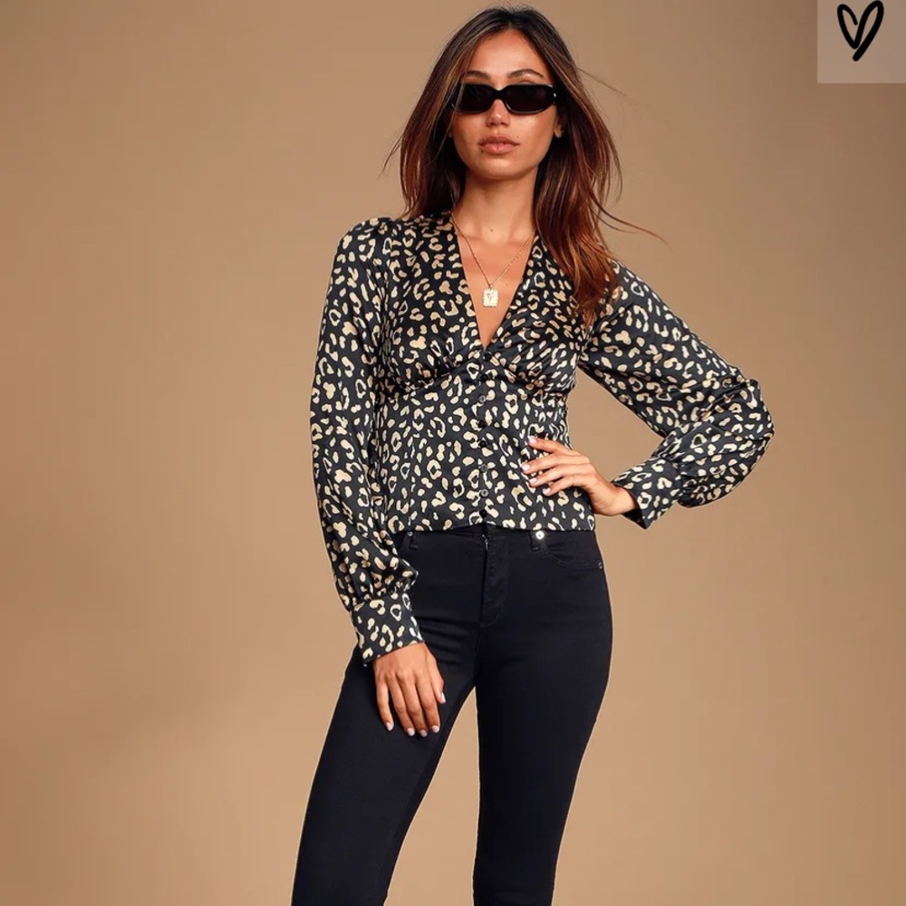 Cambera Black Leopard Print Satin Button-Up Crop